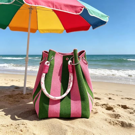 🏆👜 ✨ תיק דלי סרוג בוהו פסים לנשים – תיק כתף קיץ עבודת יד