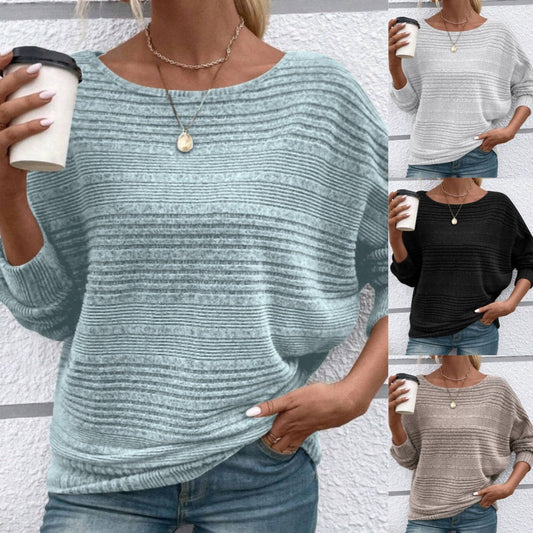 ⏳Time-limited Special⏰Solid Round-Neck Striped Top with Long Sleeves