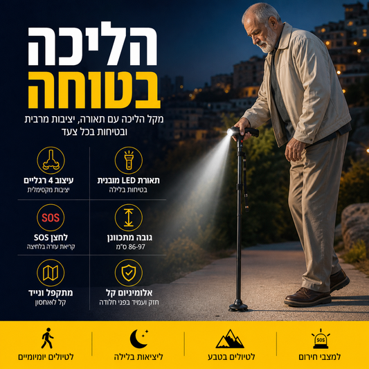 🦯 מקל מתקפל רב‑תכליתי לקשישים – אלומיניום, תאורת LED, כפתור מצוקה, 4 נקודות תמיכה. גובה מתכוונן – ביטחון בטיולים ובשטח! 🔦🚨