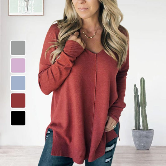 Women's Casual Soft Seam-front V-neck Sweater