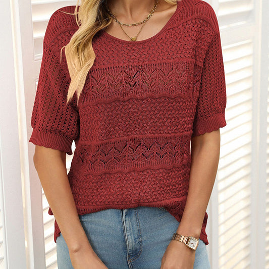 ✨Women's Round Neck Hollow Knit Crochet Short Sleeve Sweater