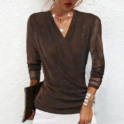 🔥Hot Sale Offers-Women's Sparkle Crossover V-Neck Long Sleeve Top