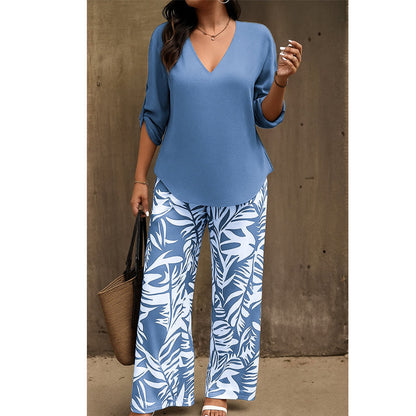 Women's V-Neck Blouse & Printed Wide-Leg Pants Set