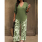 Women's V-Neck Blouse & Printed Wide-Leg Pants Set