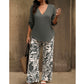 Women's V-Neck Blouse & Printed Wide-Leg Pants Set