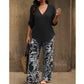 Women's V-Neck Blouse & Printed Wide-Leg Pants Set