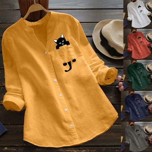 V-neck Cotton And Pocket Cat Print Long Sleeve Blouse - BUY 2 FREE SHIPPING